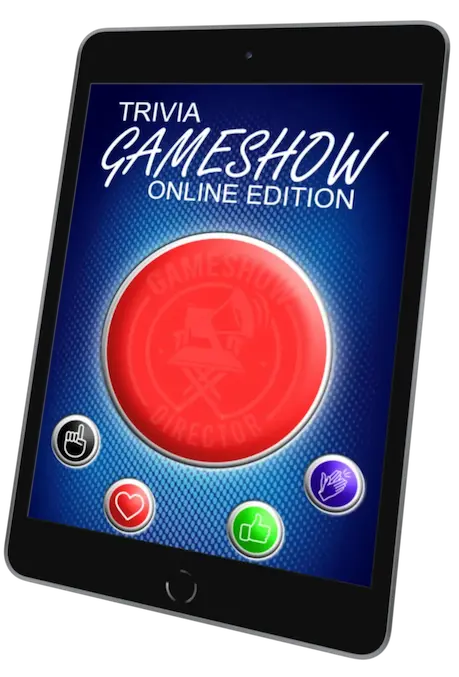Trivia Gameshow screen with big red buzzer button and 4 differently colored helper button superimposed on a iPad mini with black borders